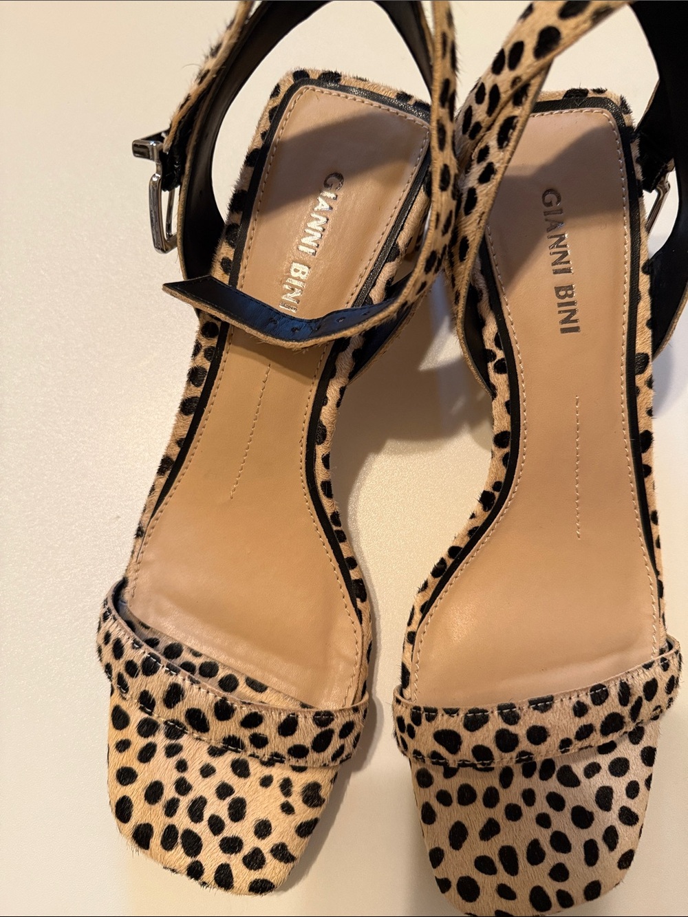 Gianni Bini Leopard Print Ankle Strap Heels in Tan and Black